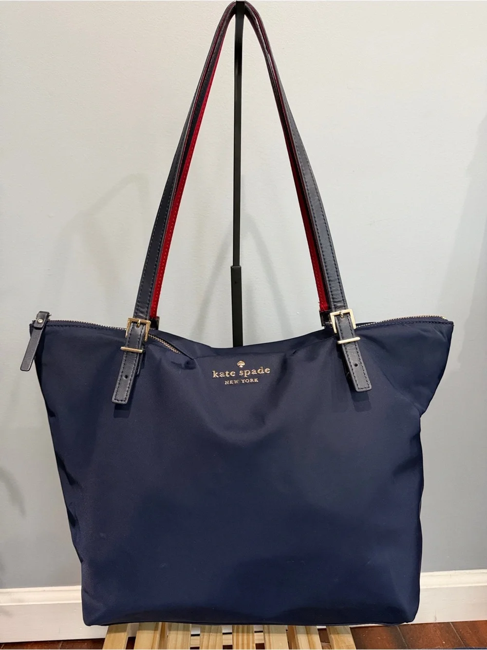 Kate Spade New York Navy Nylon Tote Shoulder Bag Gold Hardware Large Zip Top